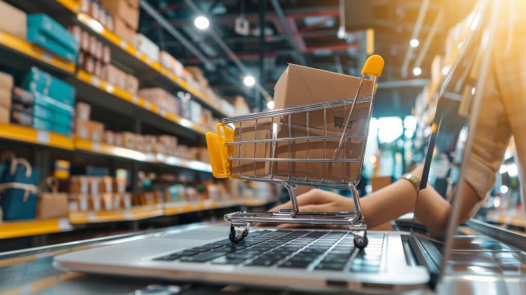 e commerce what is ecommerce? Mini shopping cart on laptop keyboard, symbolizing online shopping, in a warehouse setting to illustrate e-commerce concepts with efillship in Australia